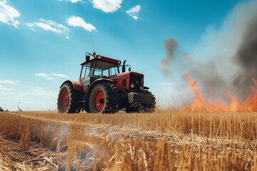 an agricultural farming vehicle tractor harvesting wheat and crops which is on fire burning from heat or missiles in war