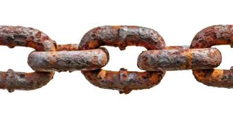Rusty shipyard metal chain link on white or transparent background