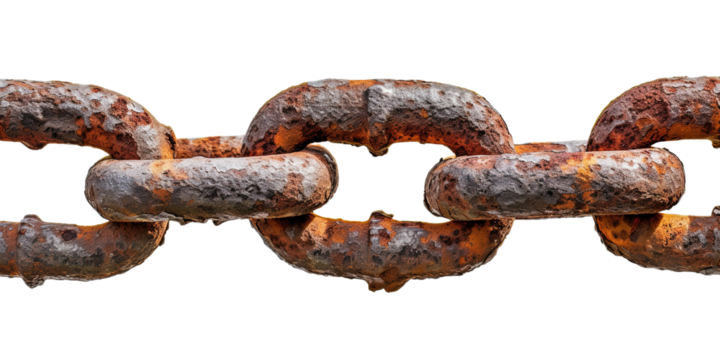 Rusty shipyard metal chain link on white or transparent background