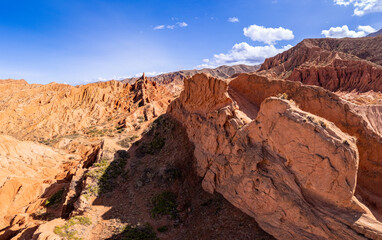 Aerial top view to beautiful landscape of Skazka canyon. Rocks Fairy Tale - famous destination in Kyrgyzstan. Rock formations in shape of a dragon spine like great wall of china on Issyk-Kul lake.