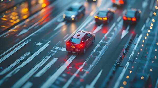 Classic red toy car on a city map, small toy car positioned on a vibrant with a blurred urban backdrop symbolizing travel and insurance concepts.