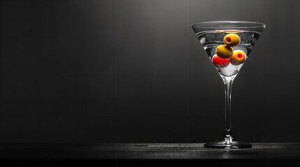Olives in a martini glass against a pure black background with a big empty space for text or product, Generative AI. - obrazy, fototapety, plakaty