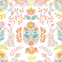 
Seamless pattern with folk art design elements. Folk vector illustration with hares and Easter eggs on a white background. Scandinavian traditional motif