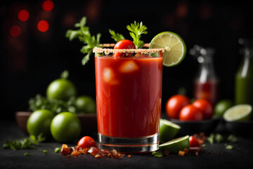 Bloody Mary cocktail with tomato, lime and cilantro on dark background. Commercial promotional photo