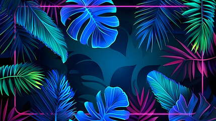 Tropical Leaves Illuminated with Blue and Green, background with palm trees, Generative AI 