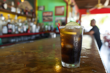 glass of cola and rum with lemon and lime.  cuba libre. diet coke. Whiskey. minimalistic. Bar. Friday evening