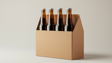 Beer in glass bottles in cardboard carrying case isolated on white background. Mockup