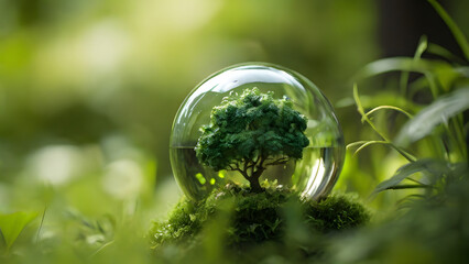 glass globe lies on top of the grass with green plants and tree, Generative AI 