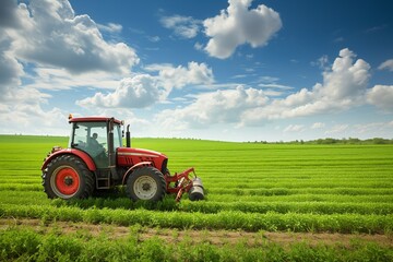 an agricultural farming vehicle tractor working harvesting on a field of green crops