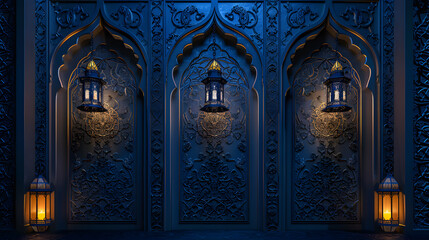 Obraz premium Beautiful bright background on the theme of the Muslim, Arabic holiday of Ramadan with its attributes. AI Generated