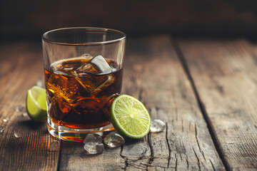 glass of cola and rum with lemon and lime.  cuba libre. diet coke. Whiskey. minimalistic. Bar. Friday evening. Copy space