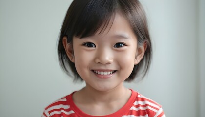  Portrait of cute Asian kid, child, on a plain white background. Simple home setting. 