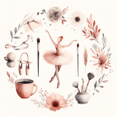 Ballerina in the moon watercolour illustration, objects illustration, cozy style