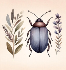  Cute beetle watercolor illustration, hygge style