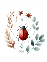 Cute insect watercolor illustration, hygge style, bug