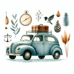 Vintage car watercolor illustration with some cute and vintage objects