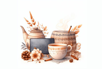 Autum cozy objects watercolor illustration, beautiful stock clip art illustration, cozy watercolor illustration, hygge style illustration