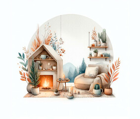 Cozy scene watercolor illustration with fire