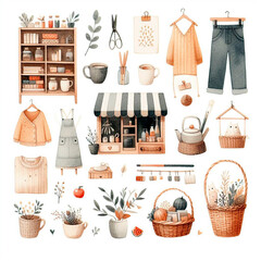Autum cozy objects watercolor illustration, beautiful stock clip art illustration, cozy watercolor illustration, cozy shop illustration, hygge style illustration