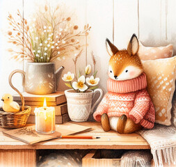 Cozy rabbit illustration, hygge style illustration with candle
