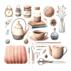 Autum cozy objects watercolor illustration, beautiful stock clip art illustration, cozy watercolor illustration, tea time, hygge style illustration