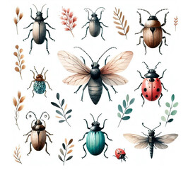 Cute insects watercolor illustration, hygge style, bugs
