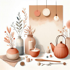 Mockup illustration watercolor postcard, hygge style, cozy style with flowers, soft colours