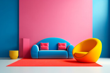 living room with a blue couch and a yellow chair