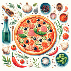 Pizza watercolor illustration, food illustration, peperoni pizza illustration, beautiful stock clip art illustration 