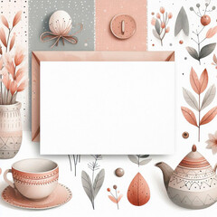 Mockup illustration watercolor postcard, hygge style, cozy style with flowers, sof colours