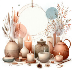 Mockup illustration watercolor postcard, hygge style, cozy style with flowers, soft colours, boho style with candles