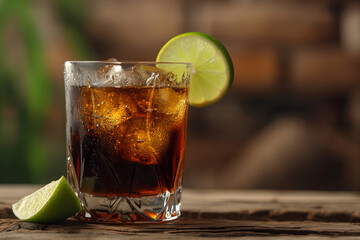 glass of cola and rum with lemon and lime.  cuba libre. diet coke. Whiskey. minimalistic. Bar. Friday evening. Copy space