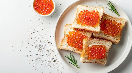 Sandwiches with salmon and red caviare embellished on a white buffet over white setting and space, Generative AI.