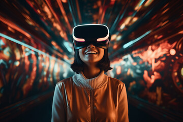Fototapeta premium portrait of a smiling girl of Asian appearance wearing virtual reality glasses
