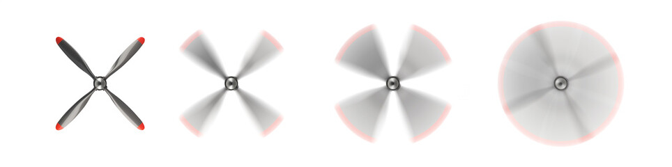four bladed propeller with many speed versions. Pen tool cutout. Isolated transparent PNG. Fan propeller. Airplane propeller. Spinning propeller. - obrazy, fototapety, plakaty