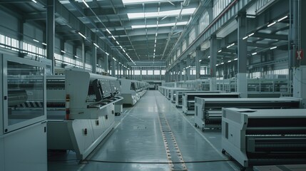 Simple Industrial Innovation, a minimalist shot of a high-tech manufacturing facility with precision machinery. Generative AI.