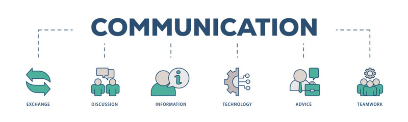 Communication icons process structure web banner illustration of exchange, discussion, information, technology, advice, and teamwork icon live stroke and easy to edit 