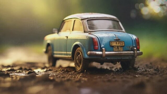 old blue car on the road. 4k animation video