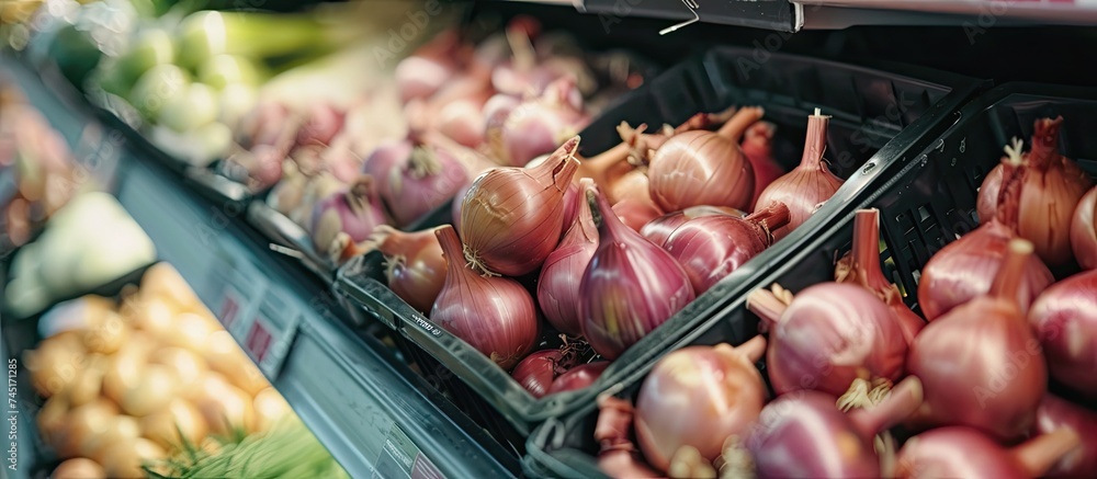 Poster a display in a grocery store is filled with fresh onions, neatly arranged in rows and stacks on shel