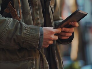 Obraz premium Unrecognizable Latin Entrepreneur Reading on Tablet While Seated on a Street Bench