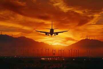 Airplane Taking Off Against an Orange Sunset Sky with Wind Turbines and Mountains in the Background