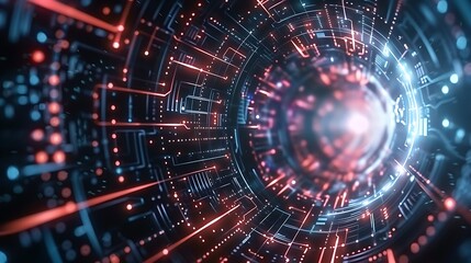3D futuristic circuit background. Motion graphic for abstract data center, server, internet, speed. Futuristic tunnel HUD. Screen display for technology title and background. Generative Ai