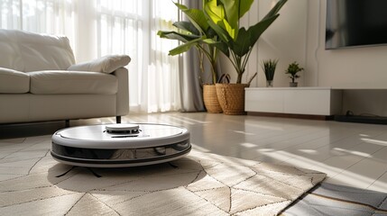 The decor of a sleek white room has an interactive robot vacuum cleaner for digital cleaning and space, Generative AI.
