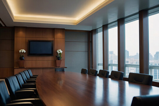 Modern conference room interior with wooden floor and black armchairs. Generative AI