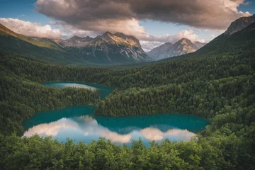 Deurstickers Lago circondato da alberi con imponente montagna in lontananza © Salvatore