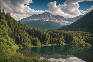 Naklejka na ściany i meble Lago circondato da alberi con imponente montagna in lontananza