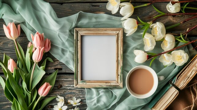 A Cup of Coffee, Picture Frame, and Flowers on a Table