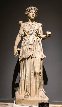 Marble statue of Artemis also Diana, the goddess of the hunt, the wilderness, wild animals, nature, vegetation and childbirth in Antalya museum.