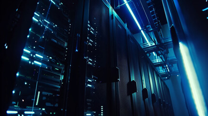 Data Center, Server Racks, Internet of Things, Data Flow, Digitalization of Internet Traffic.