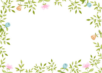 Fototapeta na wymiar Horizontal rectangular flower frame. Hand drawn watercolor illustration. Easter, spring, children's party, birthday, baby shower. Design for greeting cards, invitations, posters.